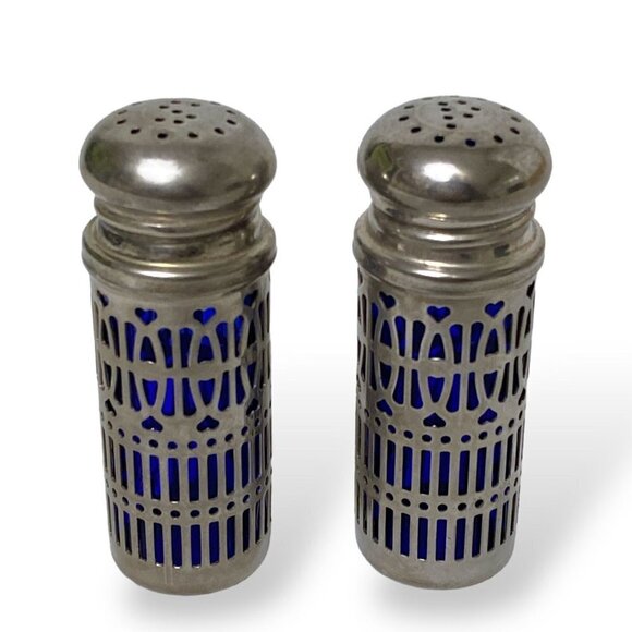 Vintage Salt and Pepper Shakers Blue Glass with Silvertone Overlay 2.75" high - Picture 1 of 8